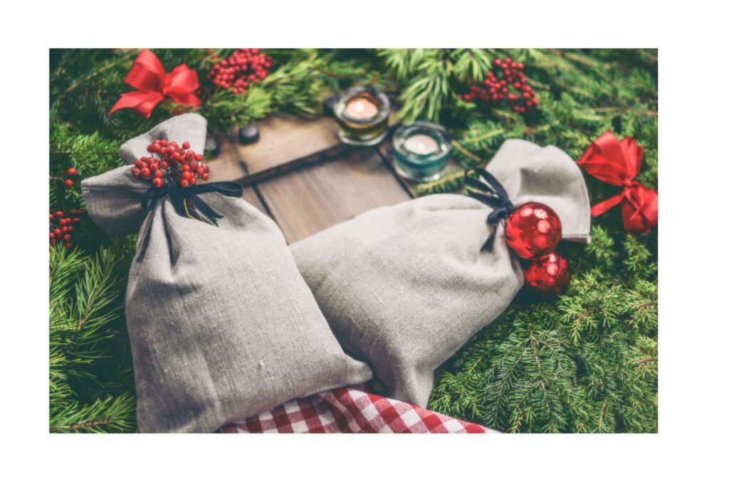 Drawstring bags decorated and under a tree