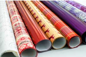 rolls of multicolored wrapping paper