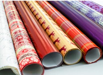 rolls of multicolored wrapping paper